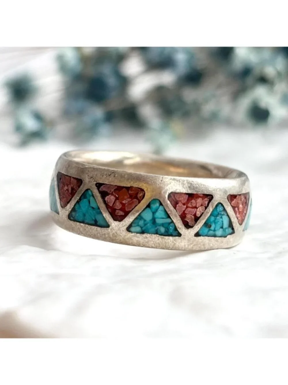 Coral & Turquoise Chip Inlay Geometric Band 800 Silver Vintage Ring - sz 10